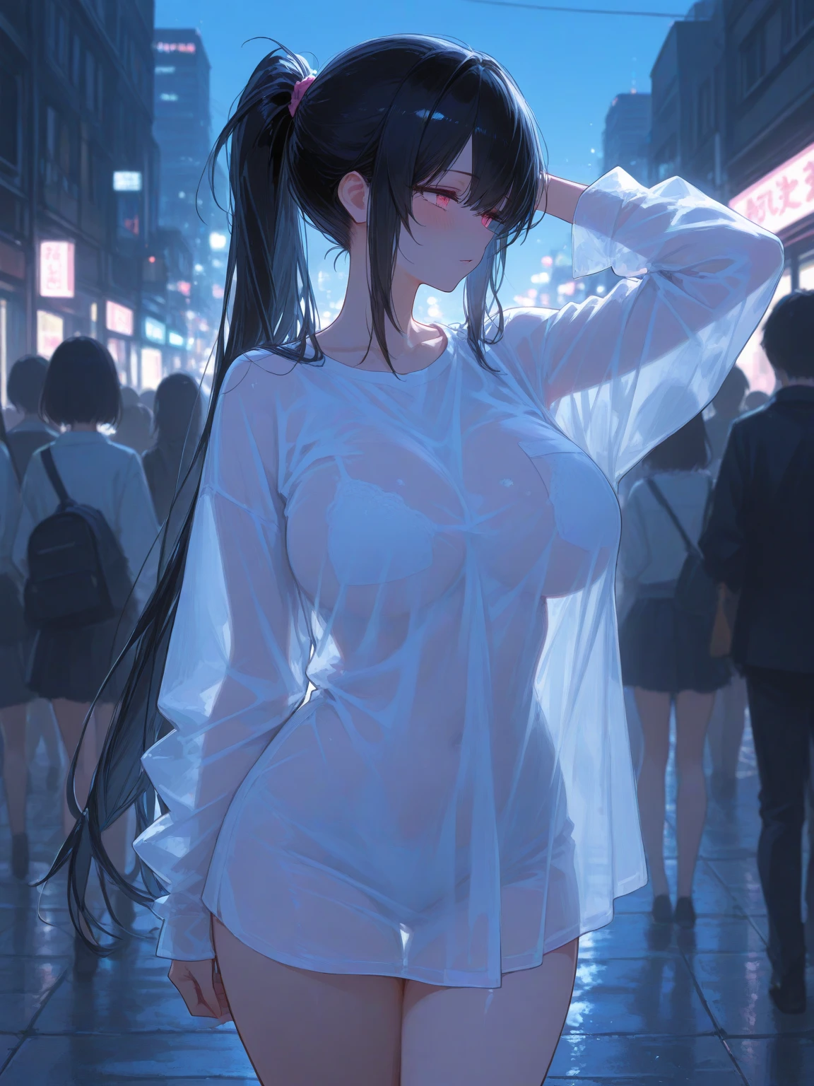 bonitas, standing alone, 1womanl, long hair, Bblack hair, blue highlights at the ends of the hair, purples eyes, black jersey, red robe, futurist, ciberpunk standing alone, cinematic angle, cinematic lighting, work of art, best qualityer , nsfw、on his knees, rub groin