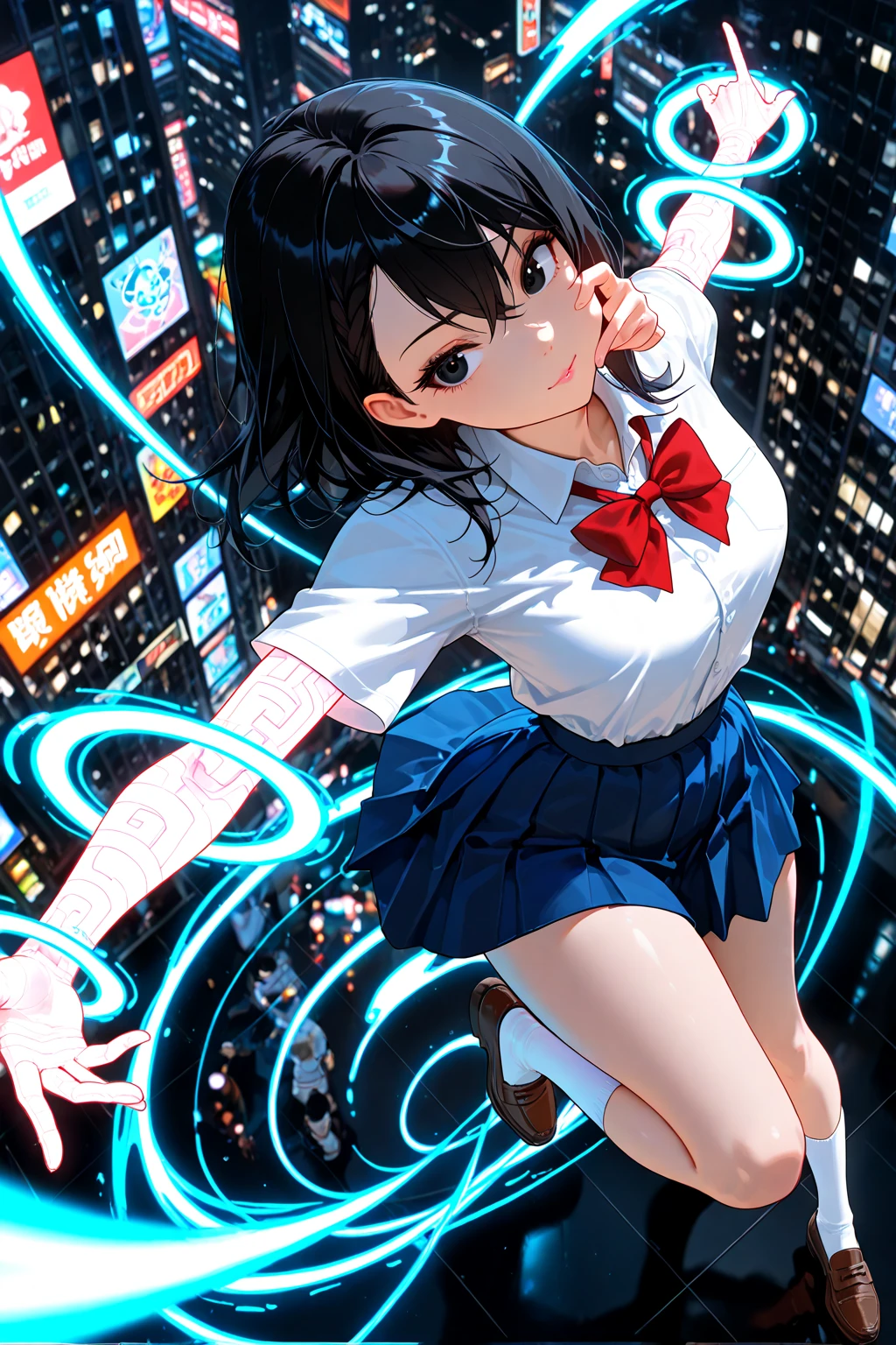 (((wide angle shot, from below, full body))), Girl, black hair, medium breast, jumping, spread arms and arms up, smile, T-shirt, White, Art, Retro, Cartoon Collage, ((little black cat on sholder)), tokyo city night background, neon light, detailed background, Anime Style