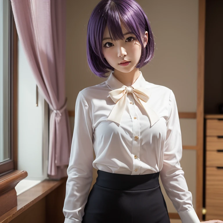 8k,best quality,ultra high res,beautiful,sfw, realistic,1 girl,young girl,perfect breasts,purple hair,long hair, short hair,kitchen room, white shirt,black skirt, standing, (ultra_hd, hd, hdr, 8k,best quality,high quality), <lora:add_detail:0.3>, hyperdetailed background,