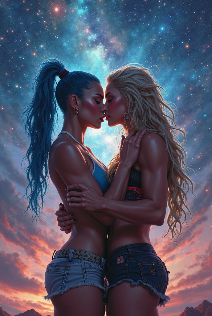 Imagine a spiritual representation where two women aged 18 and 25, lesbians, mais um garoto de 18 anos, Virgem, genitais gigantes, yellow fluid dripping from Orgasm just seeing the two women making love in front of one of them'pai, the two are united, ((NO, max seios grandes)), ((buceta enorme)), vagina muito grande, aparelho genital muito grande, ((protruding clitoris, grande, visible for 35mm lens, emite um feixe de luz neon azul claro, e fluidos amarelos do fluxo do orgasmo)),
seios grandes, pelos pubianos, pernas abertas, look sexy, sorriso convidativo, immersed in a spiritual existence with luminous tones predominant in red and blue. Esta cena linda e emocionante deve ser visualmente deslumbrante, with stunning detail in 8k resolution. In the immensity of a starry night sky, com planetas, comets and an entire galaxy, visualizar realidades superiores e conceitos elevados, that transcends mathematics, filosofia, Arte e beleza. This acrylic painting, Capturado com uma lente de 35mm, It must be a cinematic masterpiece in 8k quality, inspirado no estilo marcante de Greg Rutkowski,