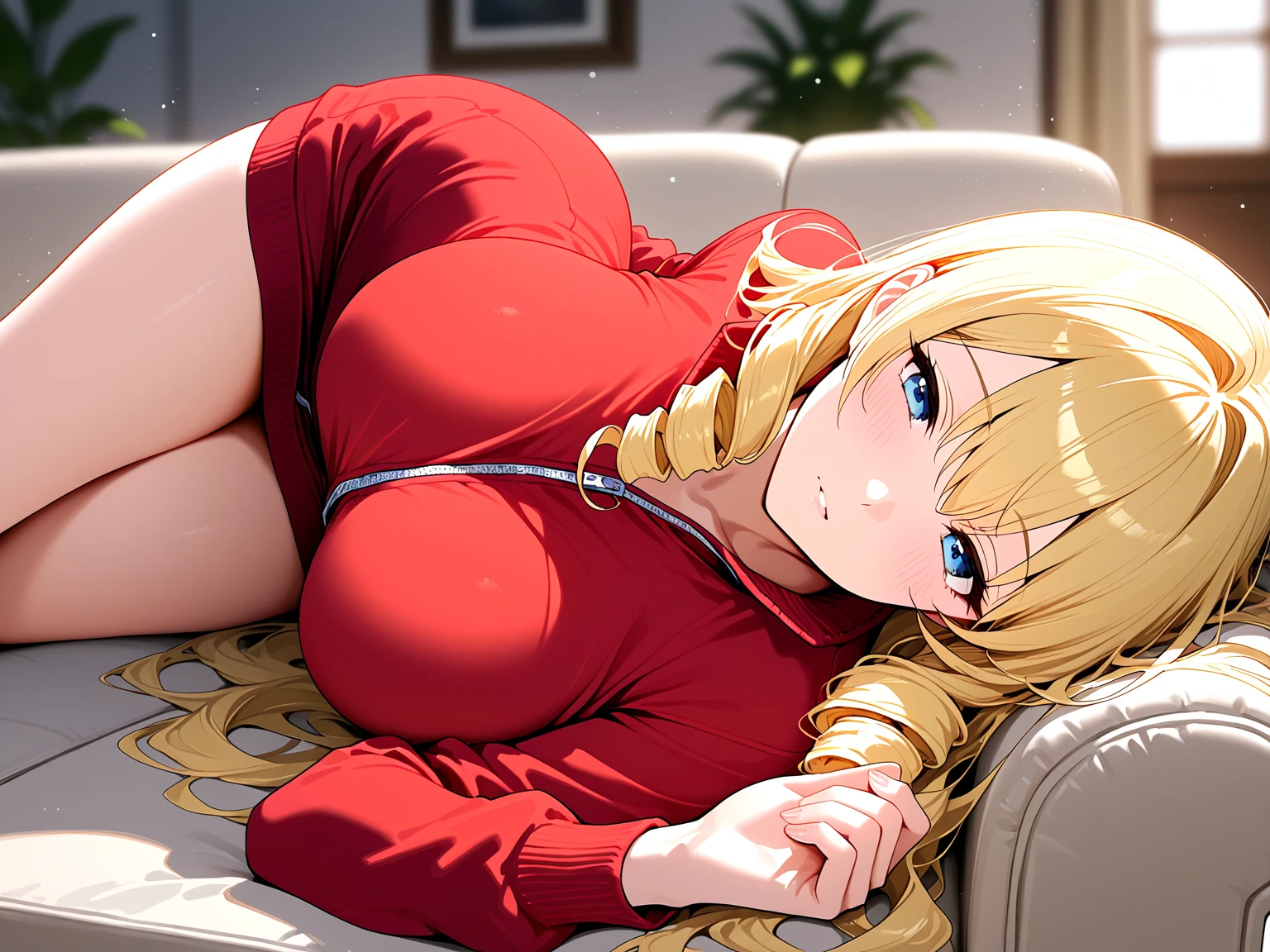 Blonde hair, 1girl, blue eyes, French, long hair, smile, blush, shy, 18 years old, large breasts, curvy, wide hips, thick thighs, child bearing hips, lewd, slutty, , cute, red dress, skimpy, miniskirt, cleavage, midriff, big ass, high quality, masterpiece, beautiful