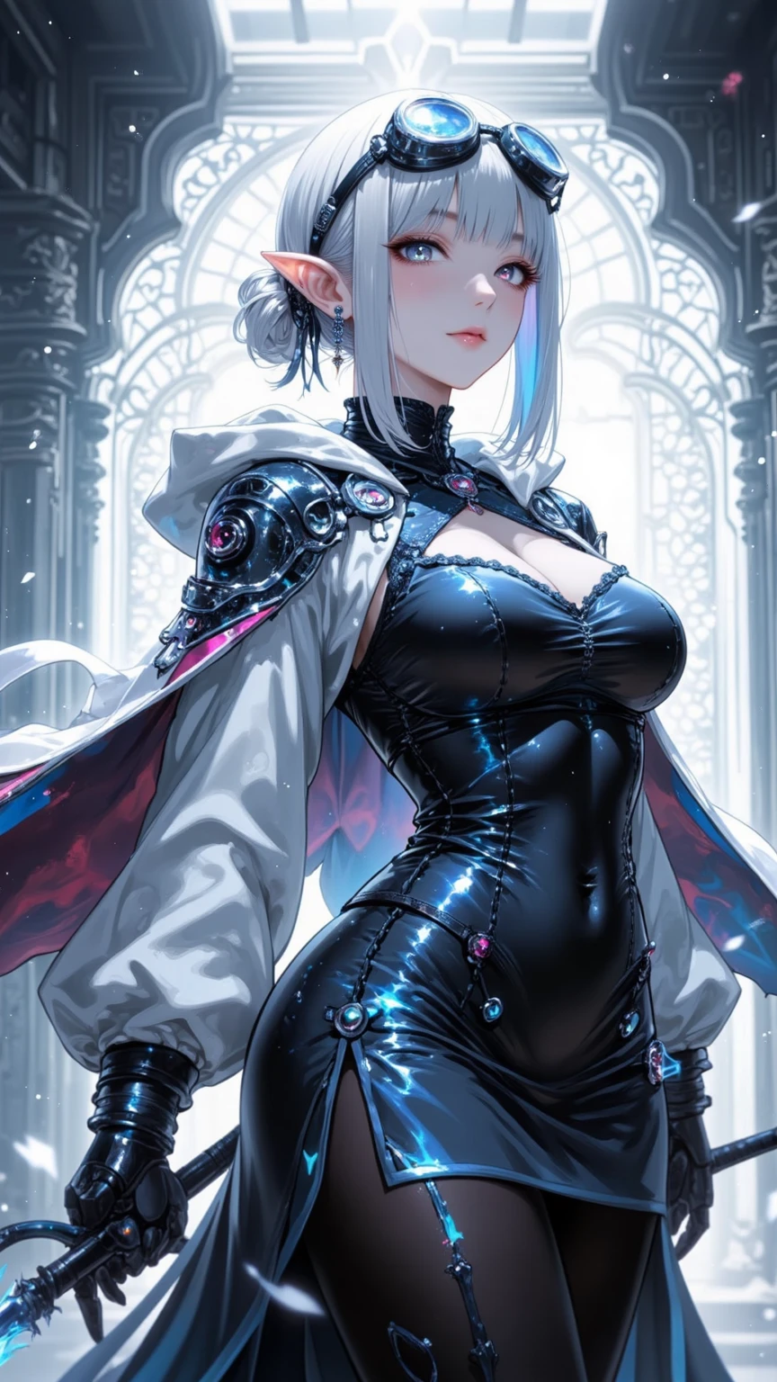 Woman who stands out for her short white hair that flows in cascades, giving her a distinctive and unique appearance. His gaze is framed by an eyepatch that covers his right eye, his hair covers the eyepatch to conceal it, adding an intriguing mystery to his presence. This detail is combined with purple eyes that highlight its uniqueness, creating an enigmatic and attractive image. His figure is athletic and strong
