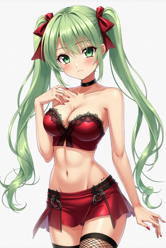 (( red emerald green hair color)), pink eyes,sexy woman, cat ears, hearts, floating hearts, face only,  long hair, smiling, hair ornament, up close face, closed mouth smile, up closeface, hair bows, sexy body 
