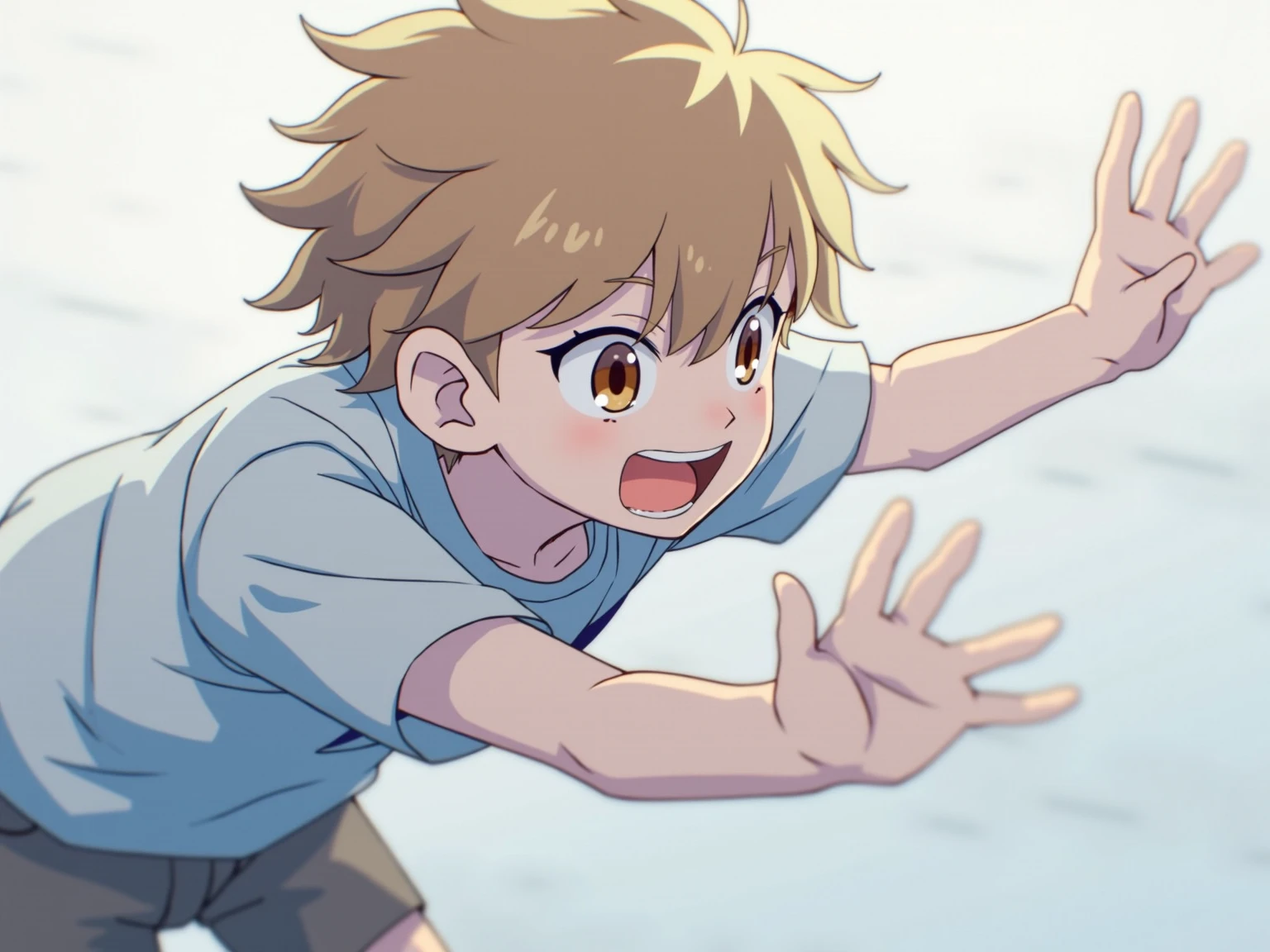Half-naked in very, very short shorts on the street, half-naked, very crouching, smiling, doing the peace sign. Full body diagram. 1 boy.nippl