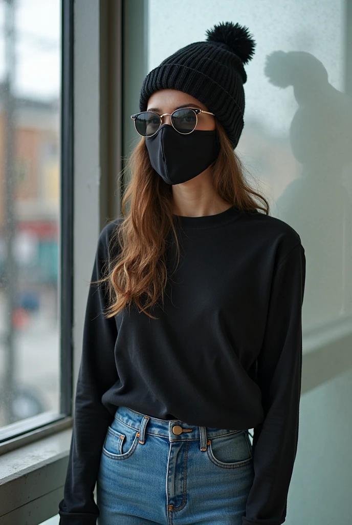 a 24 year gorgeous girl coming outside from elevator door the girl wearing white t shirt and black pants and black huddi. she is also wearing a black hate on her head. she is also covering her face with handkerchief. and putting black glasses. holding a handbag on his hand
