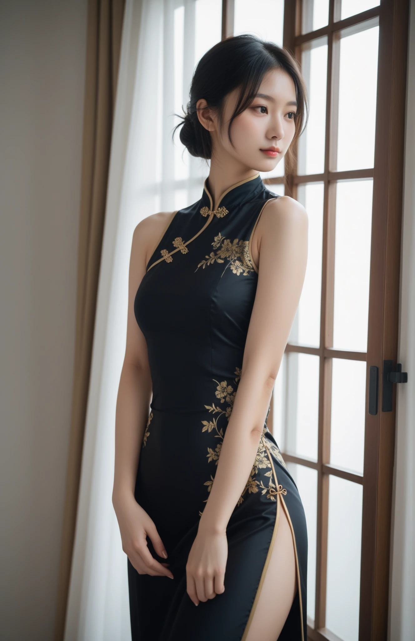 full body shot, absurdres, RAW photo, extremely delicate and beautiful, masterpiece, Best Quality, ultra high resolution, 32k, hyper realistic, ultra-detailed, Very detailed CG 8k wallpaper, detailed background, landscape, Beautiful Lighting, Perfect Lightning, Realistic Shadows, perfect ???????, anatomically correct, ideal ratio body proportions, perfect figure, Perfect Style, Perfect balance, super Detailed skin, in her 10s, very Slim body, narrow waist, very small head, very small face, delicate facial features, handsome detailed woman, very detailed eyes and face, realistic face proportions, Realistic beautiful face, Realistic beautiful eyes, tearful mole, earring, very huge round tits, medium hair, asymmetrical hair, wavy hair, ((navy cheongsam)), bare legs, bare knee,