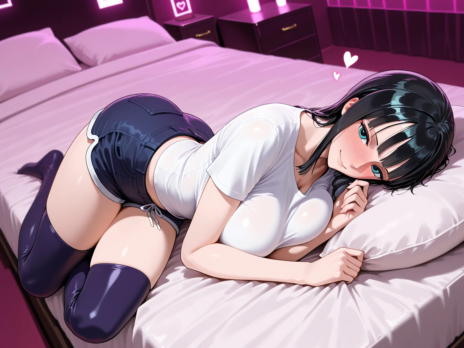 masterpiece、One girl per photo、Hotel Bedroom、Dark Background (29 year old girl、Very adult、Calm face、Natural Makeup)(Fair skin)(Sparkling eyes) )Bright smile、Black Hair、((blue、Crop shoulders show off your cleavage、Tight miniskirt))、Glossy lips、Double eyelids on both eyes、Long Straight Hair、Hair over the ears、Shiny and smooth hair、Asymmetrical bangs、White skin、High detail、Detailed hairstyle、Detailed face、round chest directed upwards、Beautiful valley、Narrow waist、Long legs、(((On the bed、Leg spread、Thong Panties)))(((Peeing、Wet Panties)))(((Full Body Shot、Thighs)))((Bold sexy pose))