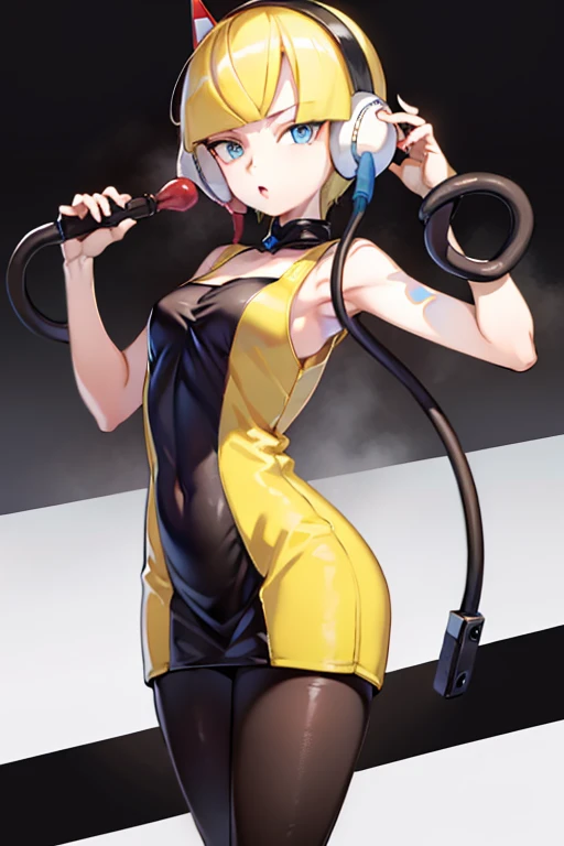 masterpiece, best quality, bw1elesa, blonde hair, short hair, headphones, (cables:1.4), choker, ((cleavage)), black and yellow dress, short dress, clothing cutout, navel cutout, sleeveless, pantyhose, looking at viewer, cowboy shot, runway, stage, spotlight, upper body, slight smile, ((underboob)), huge breasts, skindentation