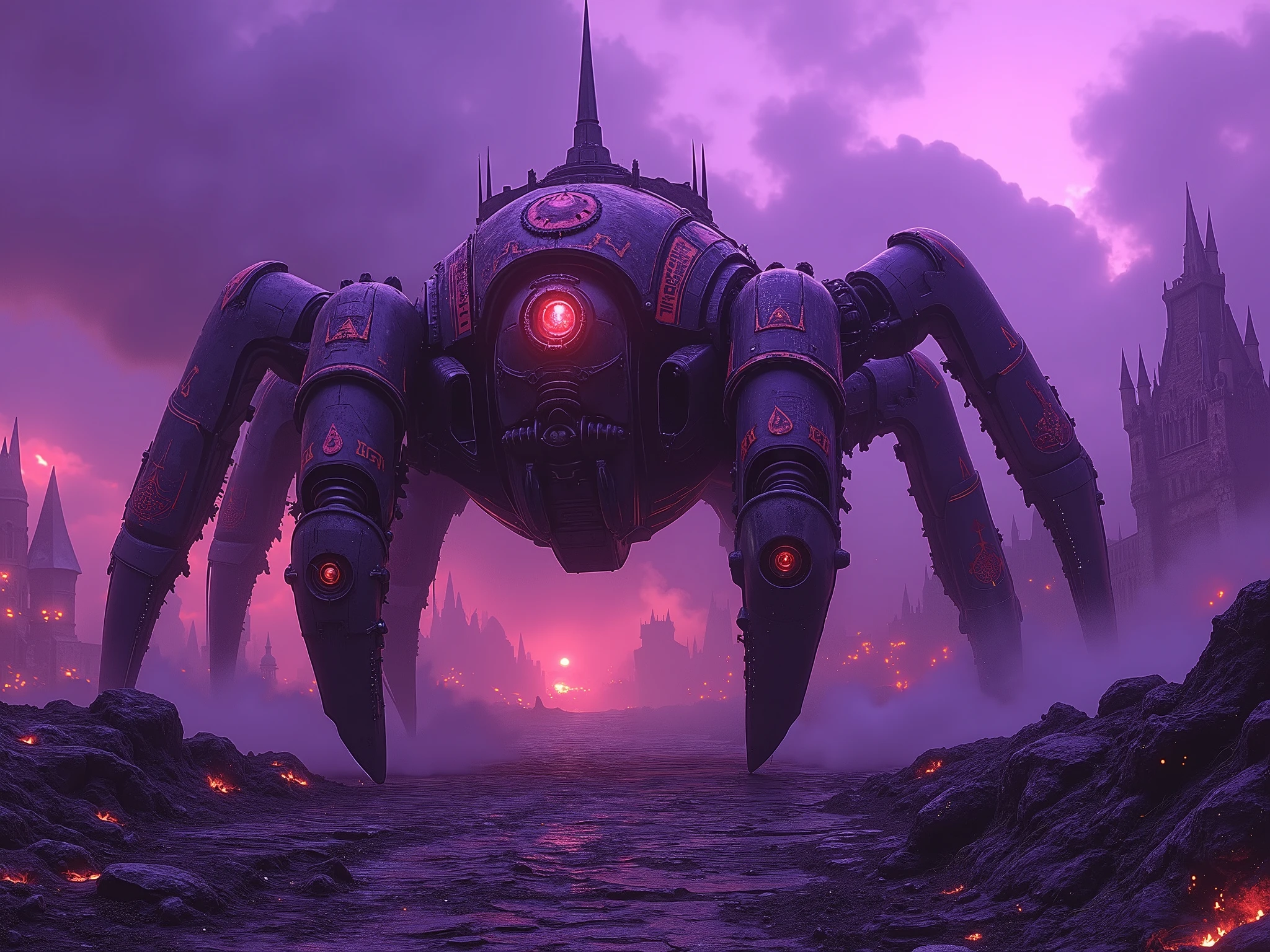 (Ultra-realistic, 12K, masterpiece, retro-futuristic, dark fantasy, cinematic lighting, film grain, gothic tone, hyper-detailed environment, reversal film look)
Cinematic scene: A desolate battlefield at twilight, cloaked in violet mist and ash. Broken gothic ruins rise across the cracked ground, where twisted metal and scorched banners scatter in the dust. From a crater of burning earth, a colossal robot spider tank emerges — forged from dark brass and obsidian steel, its eight serrated limbs clicking like guillotines. Its armored hull is adorned with glowing crimson sigils and etched retro circuits, exhaling steam from archaic vents.
The tank’s cyclopean eye burns bright red beneath a spiked crown, scanning the ruins. Arcane coils hum along its thorax, and chains dangle from its frame like mechanical tendrils.
Lighting: moody chiaroscuro — side-lit by fires, soft god rays pierce through smoky clouds.
Camera: low-angle cinematic shot, 35mm retro lens with shallow depth, focused on the tank.
Foreground: cracked flagstones, shattered helmets, torn war banners wrapped in metallic webs.
Midground: drifting ash and smoke coils.
Background: ruined spires fade into the storm haze.
Color palette: tarnished gold, deep violet, ember red.
Mood: grim, arcane, haunting — a cursed machine god rising from forgotten wars.