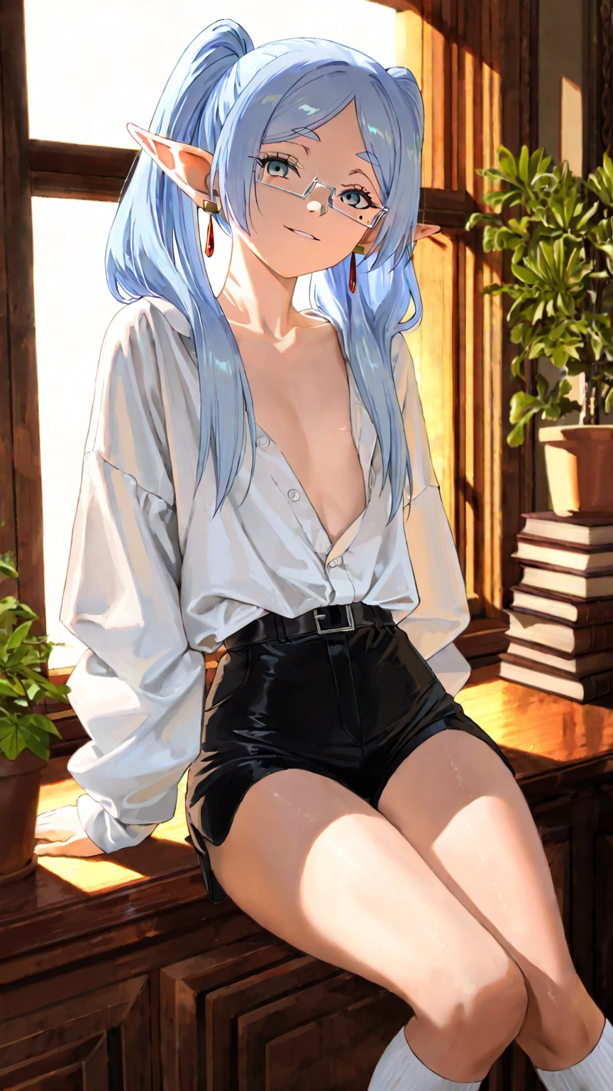 Character Details:, - Gender: 1 Girl.
- Style: Anime, - Body Type: Attractive body, slim body, nice legs, slim tights, nice arms, nice shoulders. - Breast: (Small Breast:1.2), Cleavage, (Nipple).
- Facial Feature: Beautiful, Gorgeous, Teen, Fresh, Young.
- Expression: Shy, (Horny:1.4), Pink Blush on Face, Sexy Eyes, Sexy Look, (Sweating:1.4), Innocent Look, Tipsy. - Hairstyle: Blunt Bangs, Long Hair, (Light Blue Hair) - Clothing: (Office Shirt:1.6), (off-shoulder:1.6), (Stocking:1.4). - Body Pose: (Lying Down). - Behaviour: Waiting, Want Something, Secretly.
- Accessories: Earrings., Environmental Details:, - Setting: Bed Room., - Lighting: Natural Light., - Decoration: Modern Bed, Chair, Window, White Curtain, City View. Top view. pov, anime style, UHD, retina, masterpiece, accurate, anatomically correct, textured.