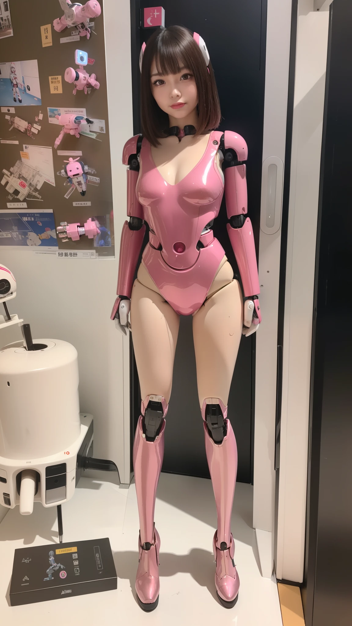 (Photorealsitic:1.4)、one robot woman、(top-quality)、(hyperdetailed face)、(Super well-formed face)、(Robot Parts)、(Female-Robot)、(25 years-old)、(Blue)、(pink there)、(Burgundy)、(metallic)、(full-body)、(sexy pose)、(Slender body)、(Model body type)、(full body mech)、(mechanical exposure)、(Akihabara)、(is looking at the camera)、(A dark-haired)、(Well-proportioned lady)、(a small face)、(a small head)、(well-groomed fingers)、(Idol)、(front facing)、(Standing with legs open)、(Photo session)、(Looks sad)、(perfect-female-robot)、(perfect-mechanical-body)