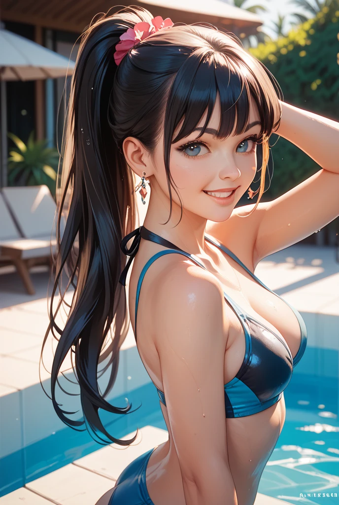 (masterpiece, Highest quality, Super detailed:1.3), Perfect composition, 4K, (Very detailed, Super detailed), Bright blue swimsuit, (Simple high-cut swimsuit)、High resolution, 8k Texture, Attention to detail, Very detailed肌の質感, Magnificent details, High Sharpness, One girl, (Fine grain:1.3), Many layers of eyes、(25-year-old woman:1.3), (skinny), (Big Breasts), ((Lively composition))、 Outdoor swimming pool side,smile、A pleasant looking face、Toned body、Shot from the back、turn around、Nipple swelling、Wear a plain white t-shirt over your swimsuit、Wet Skin、Stretching exercise with both arms extended、Sandals、Beautiful feet、