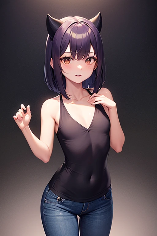 1 girl, adult((20years)), pale skin, red eyes, black hair, pointed bangs, long spiky ponytail, small breasts, goggles, black tank top, blue shorts, sneakers, glistering body, shiny body, detailed body, detailed face, detailed eyes, gorgeous body, masterpiece, high quality, anime style, full body, standing, smilling, street, clear sky,