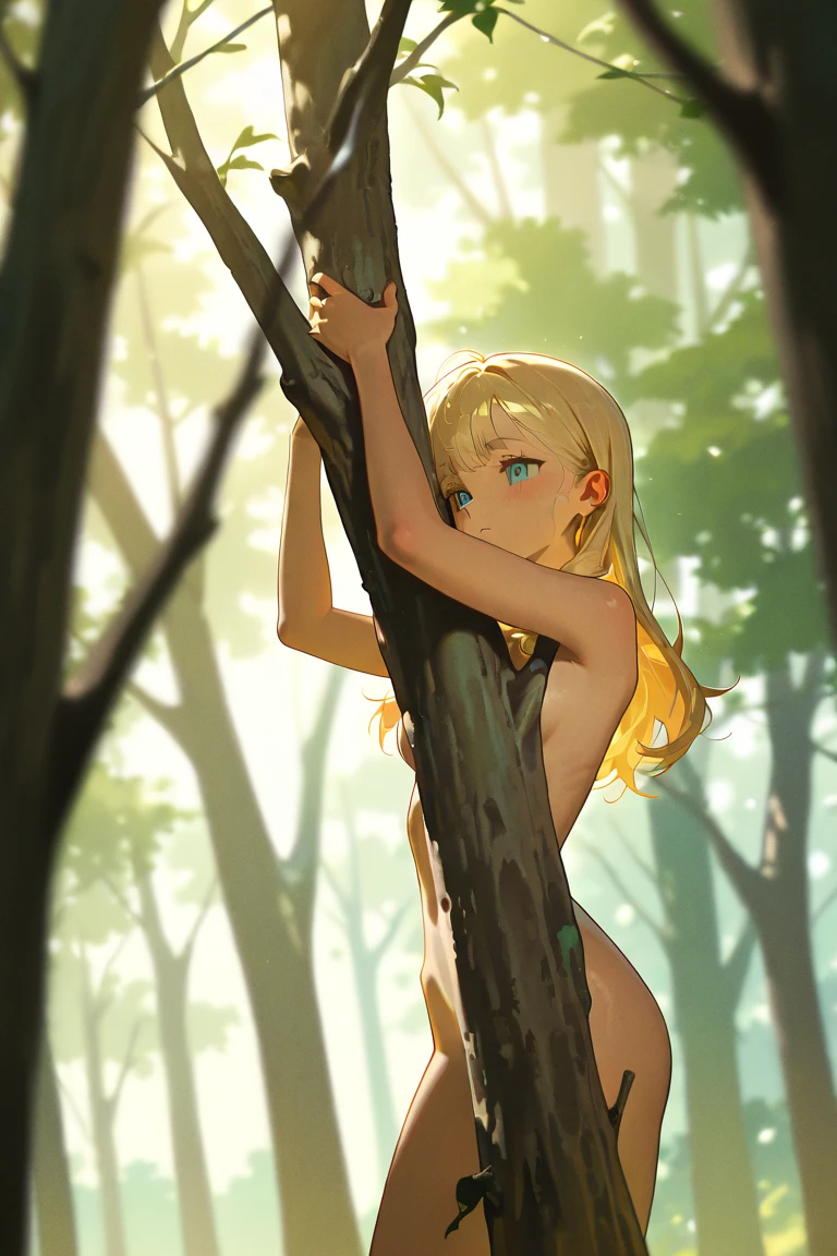 nude blond swedish girl lying out in the woods