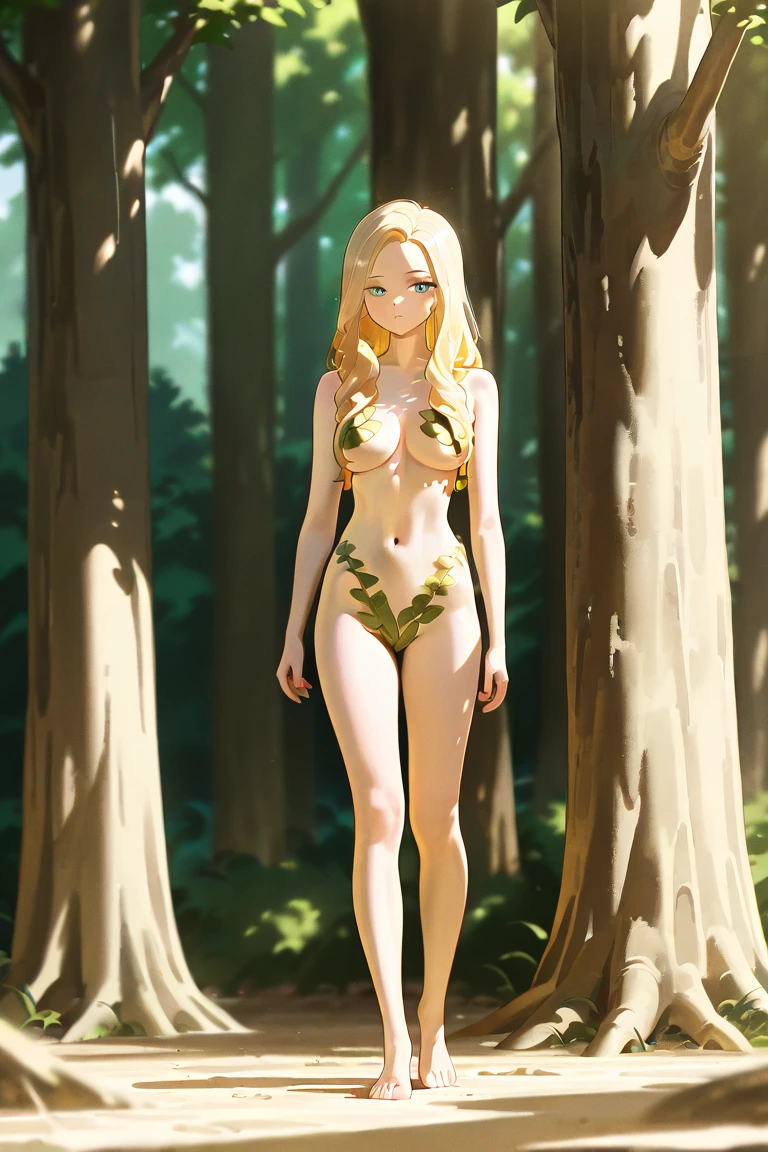 (masterpiece), best quality, expressive eyes, perfect face, perfect body, slender ripped fitness body, abs, glass like red eyes, long blonde hair, full body view, barefoot, walking towards the viewer

"In the heart of the forest, a vision of enchanting beauty emerges from the mist. The dryad's piercing red eyes gleam like rubies in the dappled light, hypnotizing all who behold her. Her golden blonde hair cascades down her back like a river of sunset hues, with delicate tendrils framing her face. Her , athletic figure is adorned in a daring mini bikini crafted from green  tree leaves, showcasing her curves and radiating a primal, earthy sensuality. The leafy garment seems to shimmer and rustle in harmony with her every move, as if the forest itself has come alive to clothe her. With each step, her red eyes flash like embers, beckoning all who enter her domain to surrender to the magic of the forest."
