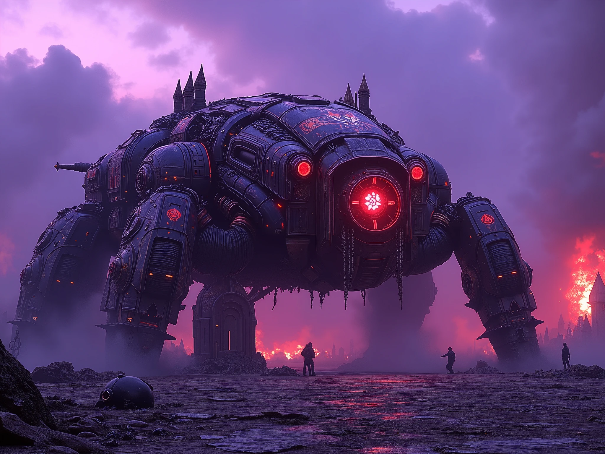 (Ultra-realistic, 12K, masterpiece, retro-futuristic, dark fantasy, cinematic lighting, film grain, gothic tone, hyper-detailed environment, reversal film look)
Cinematic scene: A desolate battlefield at twilight, cloaked in violet mist and ash. Broken gothic ruins rise across the cracked ground, where twisted metal and scorched banners scatter in the dust. From a crater of burning earth, a colossal robot spider tank emerges — forged from dark brass and obsidian steel, its eight serrated limbs clicking like guillotines. Its armored hull is adorned with glowing crimson sigils and etched retro circuits, exhaling steam from archaic vents.
The tank’s cyclopean eye burns bright red beneath a spiked crown, scanning the ruins. Arcane coils hum along its thorax, and chains dangle from its frame like mechanical tendrils.
Lighting: moody chiaroscuro — side-lit by fires, soft god rays pierce through smoky clouds.
Camera: low-angle cinematic shot, 35mm retro lens with shallow depth, focused on the tank.
Foreground: cracked flagstones, shattered helmets, torn war banners wrapped in metallic webs.
Midground: drifting ash and smoke coils.
Background: ruined spires fade into the storm haze.
Color palette: tarnished gold, deep violet, ember red.
Mood: grim, arcane, haunting — a cursed machine god rising from forgotten wars.