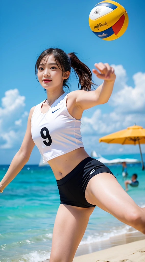 (Solo), (a detailed full-body RAW photo of a girl), (masutepiece:1.0), (Best Quality:1.4), (超A high resolution:1.2), (Photorealistic:1.4), 8K resolution, Canon EOS R5, 50 millimeters, absurderes, ultra-detailliert, (40yo), back focus, Cinematic lighting, Detailed beautiful face, (no-makeup:1.2), (ulzzang -6500-v1.1), petite figure, Detailed skin texture, (flat chest:1.4), (skinny and fit body:1.6), Detailed brown hair, sweltering,(Very short hair:1.5), See Through wear, (dark colour Nike Competition beach volleyball bikini:1.5), More transparent, low rise, realistic glistening skin, Detailed texture, (erect nipples:1.5), (japanese athlete), Cameltoe, well-developed abs, (beach),