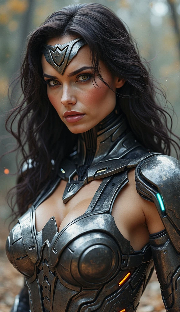cyborg , pin up 1950 mecha woman , by gil everen, ana de armas, large breasts, silver metallic strapless tube top, ultrarrealistic, road dinner background, beaultiful lighting, texture, vintage colors, jet black hair color with blunt bangs, v-shaped eyebrows, bright lighting, Fujicolor, first-person view, atmospheric perspective, Hasselblad, anatomically correct, classic rogue hair