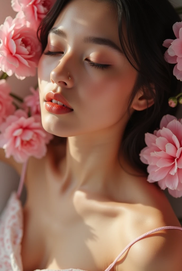 naked beautiful japanese woman with big breasts lies in sakura petals on dark background, soft lighting