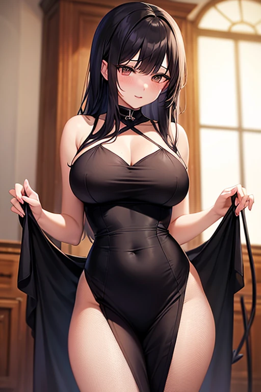 Kizi, Youngh, skin fair, long dark hair, amber eyes, cute smile, Madura, breasts big, black short skirt, skirt necklines,  Broad Hips, big-ass, nice body, longsleeve, garter-ribbons, muslos grandes, seducing gaze, one hand on the face