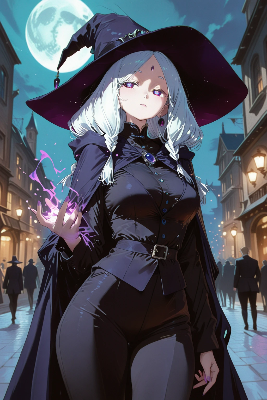 A woman dressed as a witch stands in front of a city、Tabletop,Charming Halloween Witches, Random coloring,2D, planar vector, tshirt design, Colorful splashes, Fantasy art, Watercolor effect,Digital Painting, White background, 8k、Night cityscape,Chubby,Anime Style、Big Breasts、Chubby