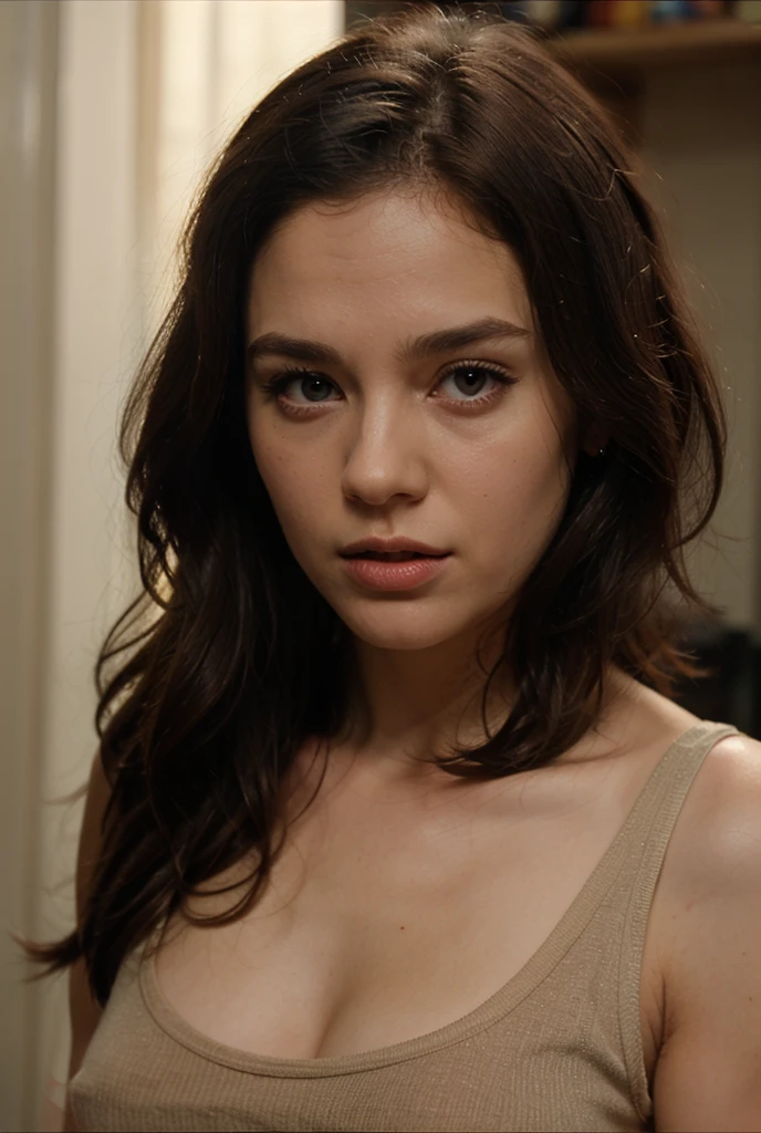 brown hair with red highlights, ojos rojos, cara fria, brazos cruzados, y fondo rojo