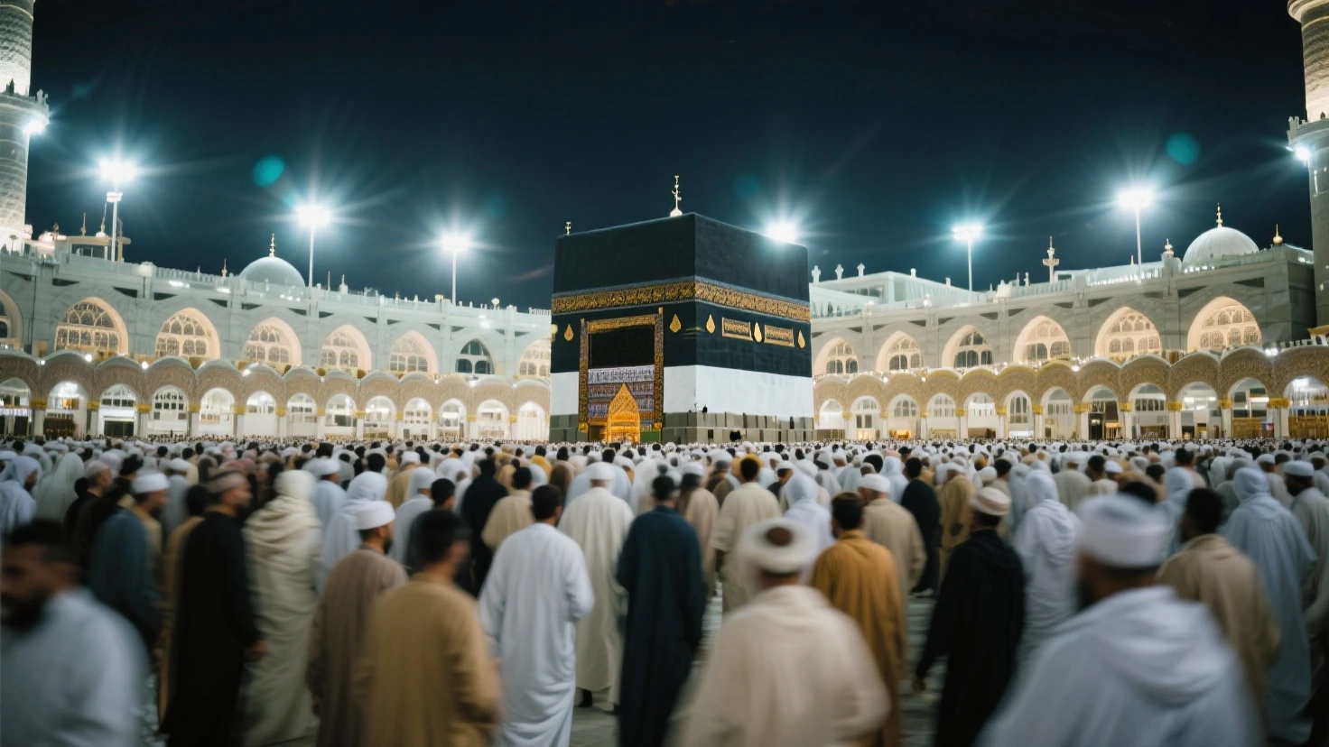An awe-inspiring scene of the Kaaba during the early hours of the morning, surrounded by thousands of worshippers in white Ihram, all engaged in Tawaf. The Kaaba stands majestic in the center, its black and gold covering (Kiswah) glowing softly under the gentle morning light. The sky above is a delicate gradient from deep blue to soft pink as the sun begins to rise, casting a serene and spiritual atmosphere. The white marble floor of the Haram reflects the light, adding to the tranquility of the scene. In the distance, the minarets of the Masjid al-Haram are visible, standing tall against the sky. The image should evoke a sense of peace, reverence, and spiritual connection.