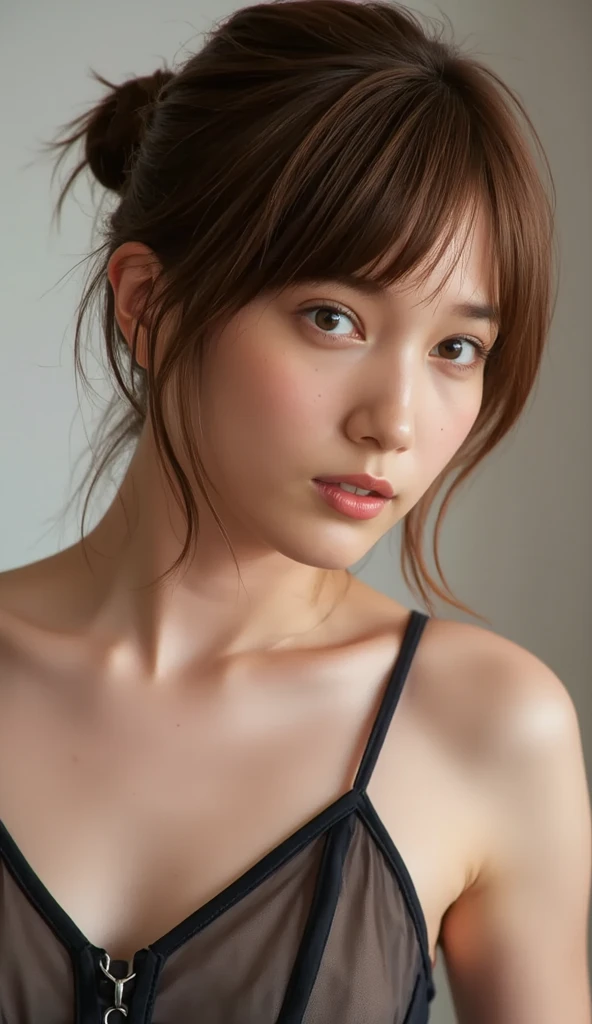 (masterpiece), (highest quality), (Super detailed), (messy hair), (shape), (one japanese girl), (fashionable lace bra), Are standing, Fashion Model, (interview), (simple mint green background), fine and beautiful eyes, delicate beautiful face, floating, (high color saturation),  focus on face, ponytail, black hair, bangs,floating Hairs, (shining), best writing, best shadow,stylish living room
