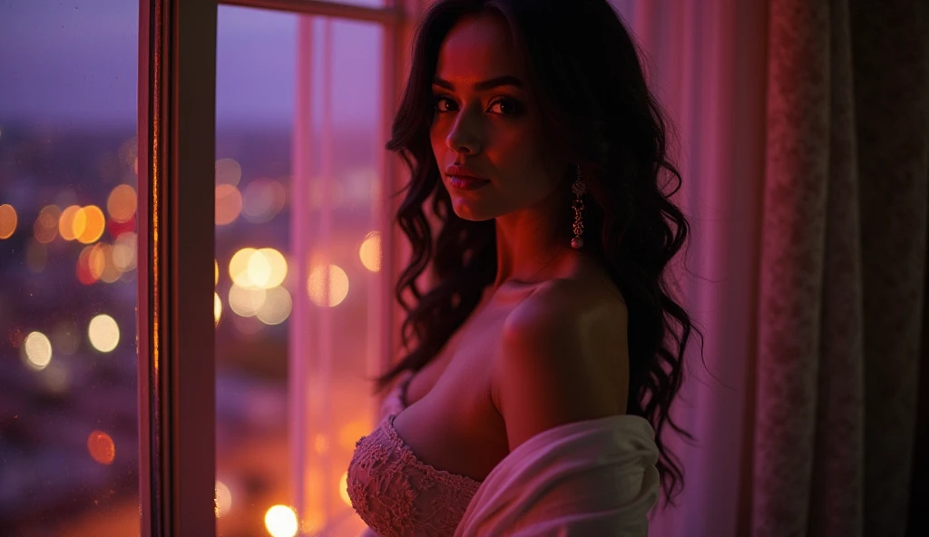 Attractive middle eastern woman in lingerie in a bedroom, hair with dyed blue streaks