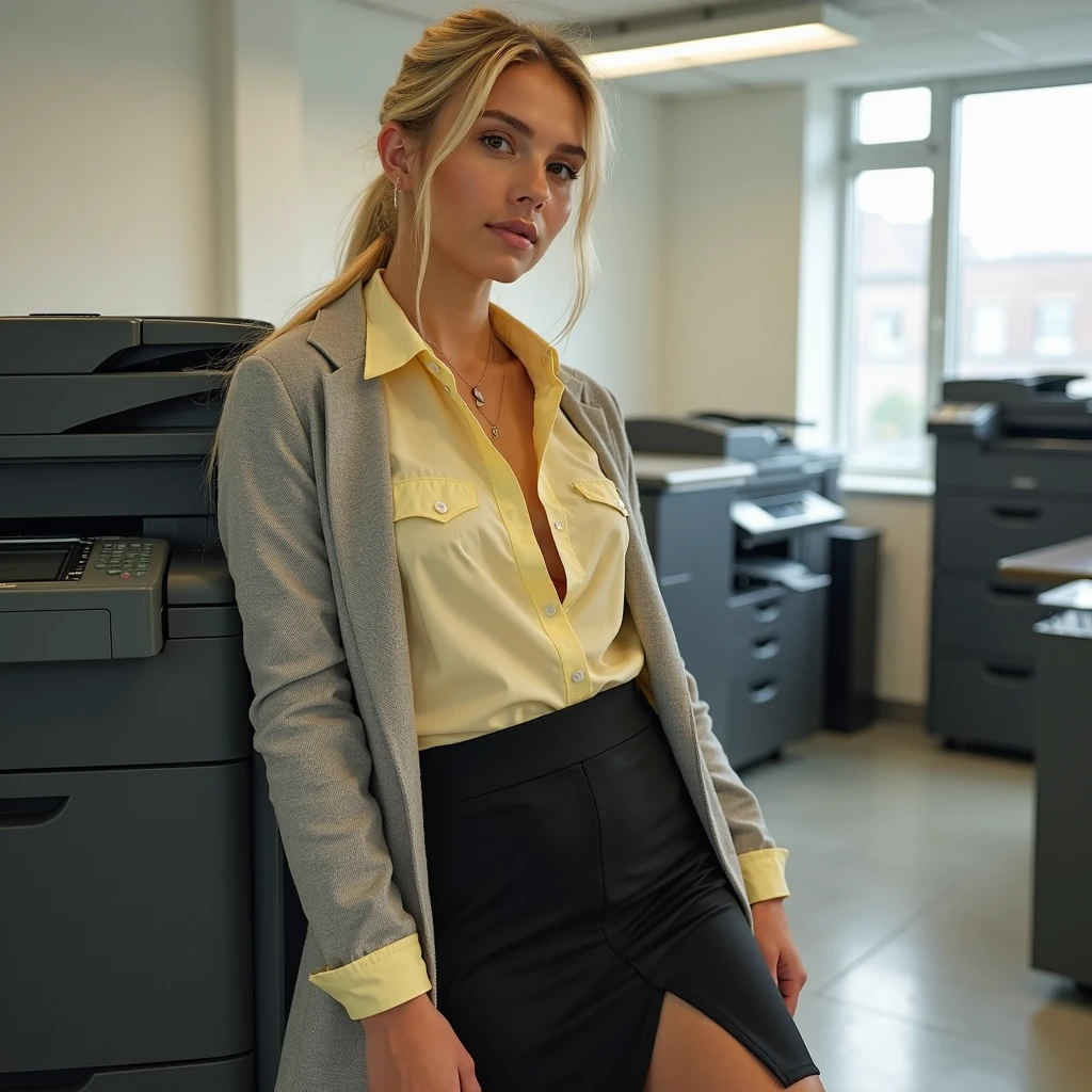 European woman, closeup, (shirt), pants, (office cubicle), (), ZM_denise, wide shoulders, perfect face, (contact iris: 1.1), pale skin, skin pores , depth of field