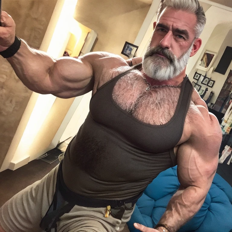 (handsome mature man), (50 yo), white man, wearing a speedo, wet speedo, wet dripping crotch, bulge, (beefy:1.3), beard, looking at viewer, beautiful man, detailed eyes, symmetric face, smirk, robust, greying hair