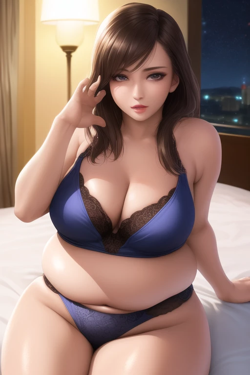 chignon hairstyle, black hair, purple eyes, big , Hyper pregnant, horny face, pink bra and underwear, background bedroom
