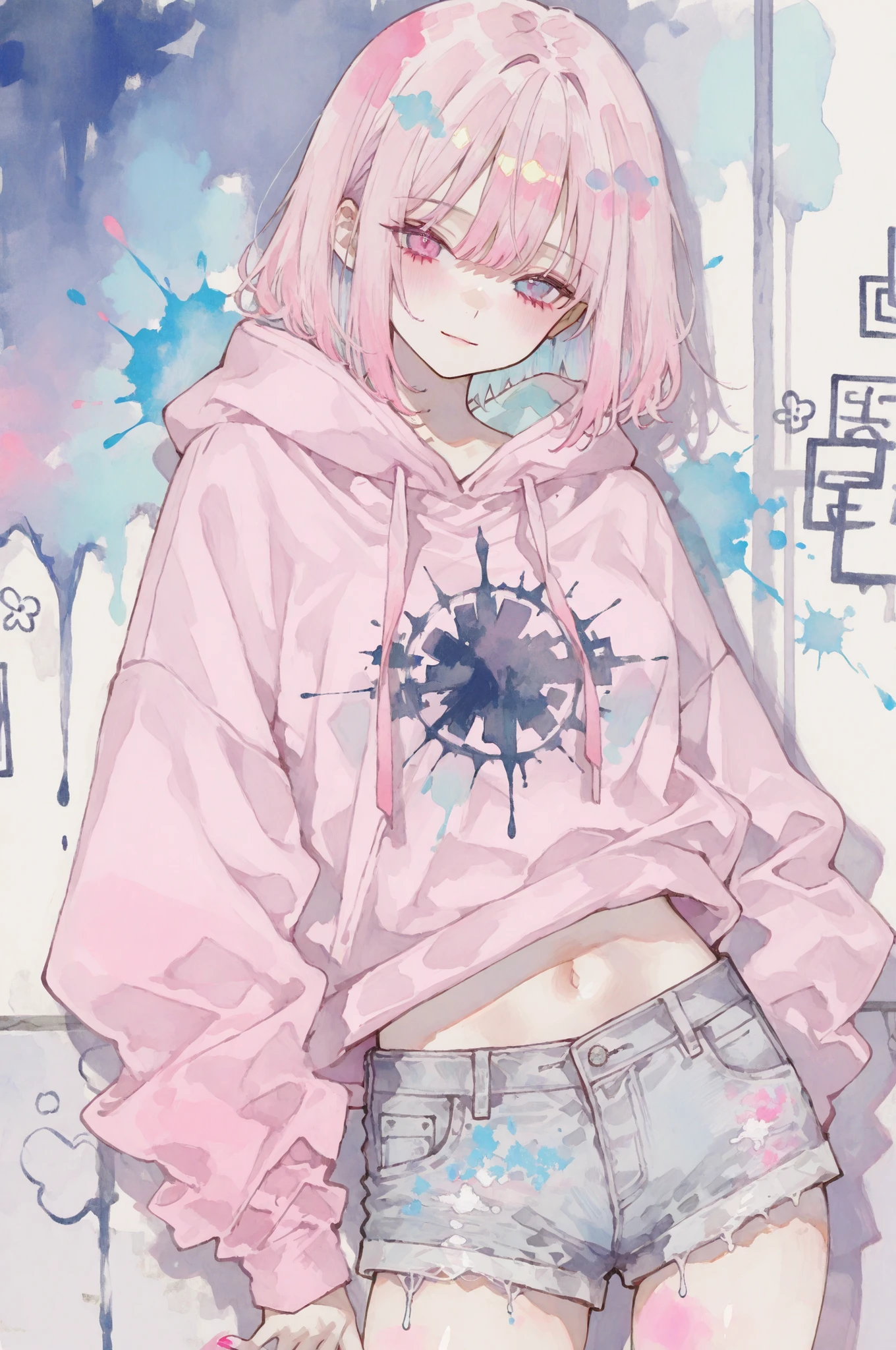 最高品質, 芸術的逸品, 繊細描写, 1girl, wall art style, pastel colors, graffiti effects, cute anime girl, oversized hoodie, short shorts, navel peek, street art aesthetic, ink wash gradients, vibrant color splashes, urban art style, sumi-e influence, exposed midriff, paint drip effects, multicolored background, soft color palette, modern street fashion, artistic brush strokes, pastel pink hoodie, denim shorts, relaxed pose, spray paint texture, color bleeding effects, paint splash dynamics, gentle color gradients, detailed clothing wrinkles, urban atmosphere, artistic composition, mixed media style, contemporary art, casual fashion, sweet expression, paint stroke effects, mural art style, flowing color transitions, dynamic wall painting, graffiti elements