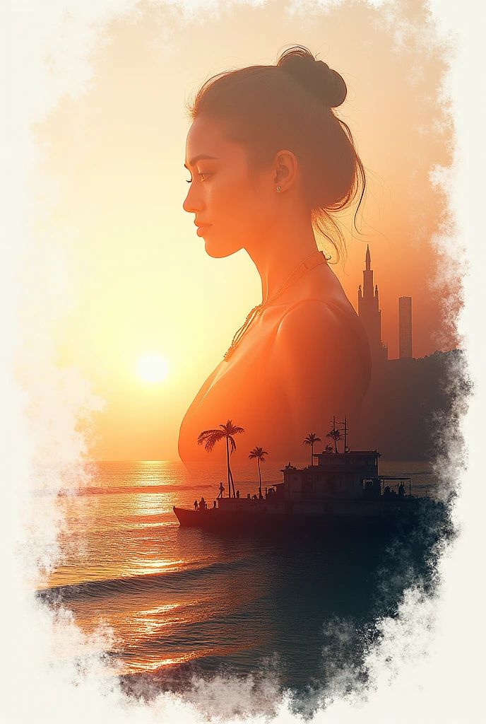 there is a woman standing in front of the sun on the water, sunset illustration, in style of digital illustration, style of alena aenami, alphonse mucha and alena aenami, inspired by Alena Aenami, digital art of an elegant, artistic. alena aenami, art of alena aenami, jen bartel, beautiful digital illustration