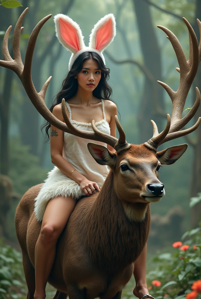A beautiful girl with horns, riding a panda,