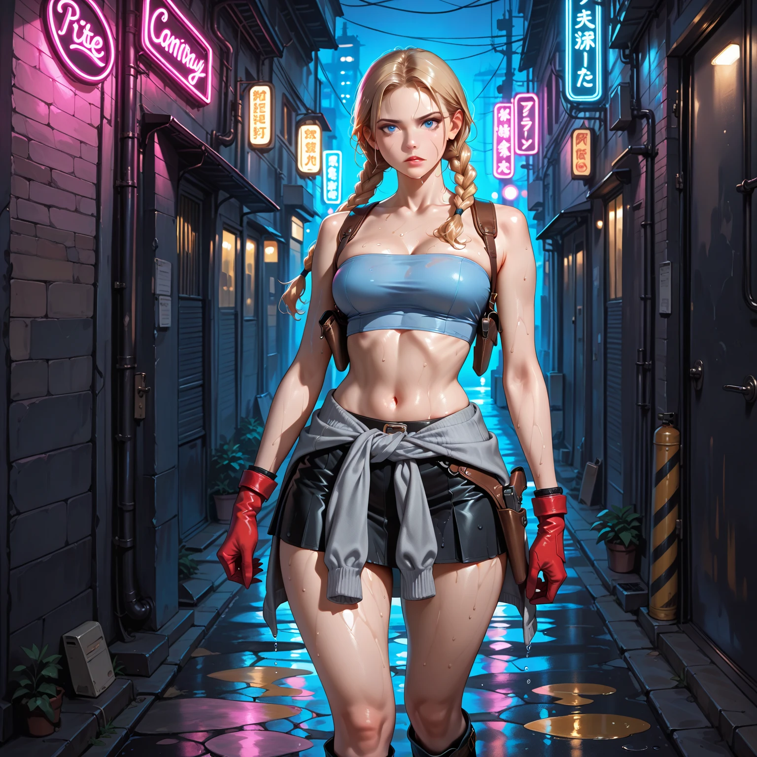 The Ino of the anime Naruto Shippuden)))), beautiful blue eyes, big blonde hair ponytail tie, big chests, sensual, standing on a street of a destroyed city, lightning coming out of the hands and eyes, fire, dust everywhere, destruction, super realistic, very detailed face without distortions, epic image in the best possible resolution, 8k,  very realistic, depth of field, a work of art, Hollywood movie style