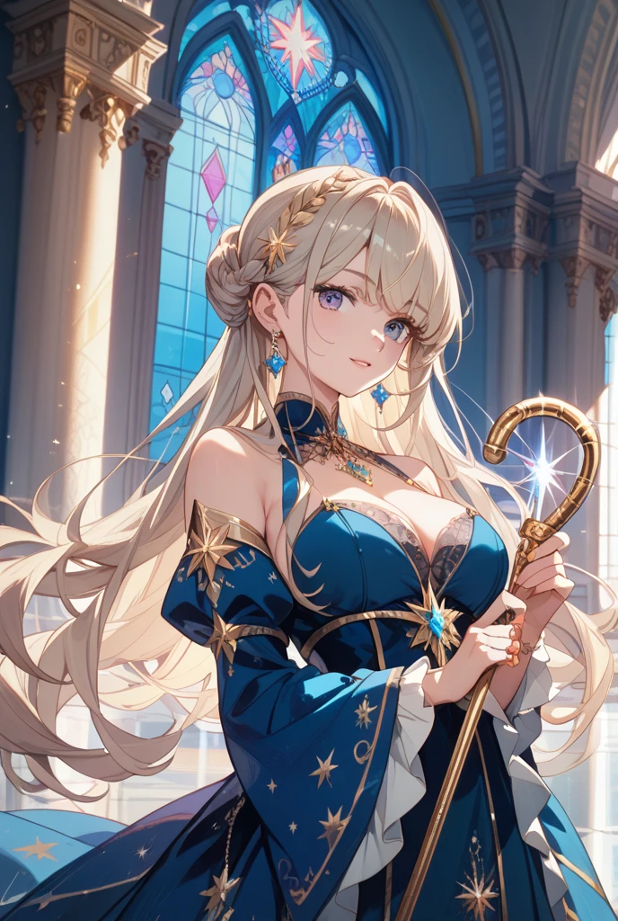 One Girl, Long Hair, Light Hair Color, Captivating eyes, Mysterious look, Mature Appearance, Attractive dress, loose fitting dress, Elegant Jewelry, Elaborate decoration, Magic symbols, Glowing Accessories, part, scroll, Cute accent,ribbon, Magical Effects, Crystal Jade, Particles of light, Rubik&#39;square,