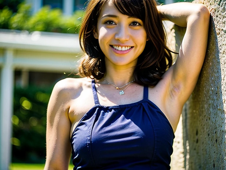 (Best Quality, 8k, 32k, Masterpiece, UHD: 1.2), Cute Japan Woman Pictures, Black Short Hair, Beautiful Face, (Slouch: 1.3), Squatting, (From Top: 1.2), (Close-Up: 1.4), POV, Tight Sleeveless Dress, Short Length Dress, Big Breasts, (Beautiful Nipple Slip: 0.9), Outdoors, Wind, Glossy Skin, Blurry Background, Necklace, Earrings, fine legs, beautiful knees, smiling smile, attractive thighs, thighs without sagging, knees without wrinkles