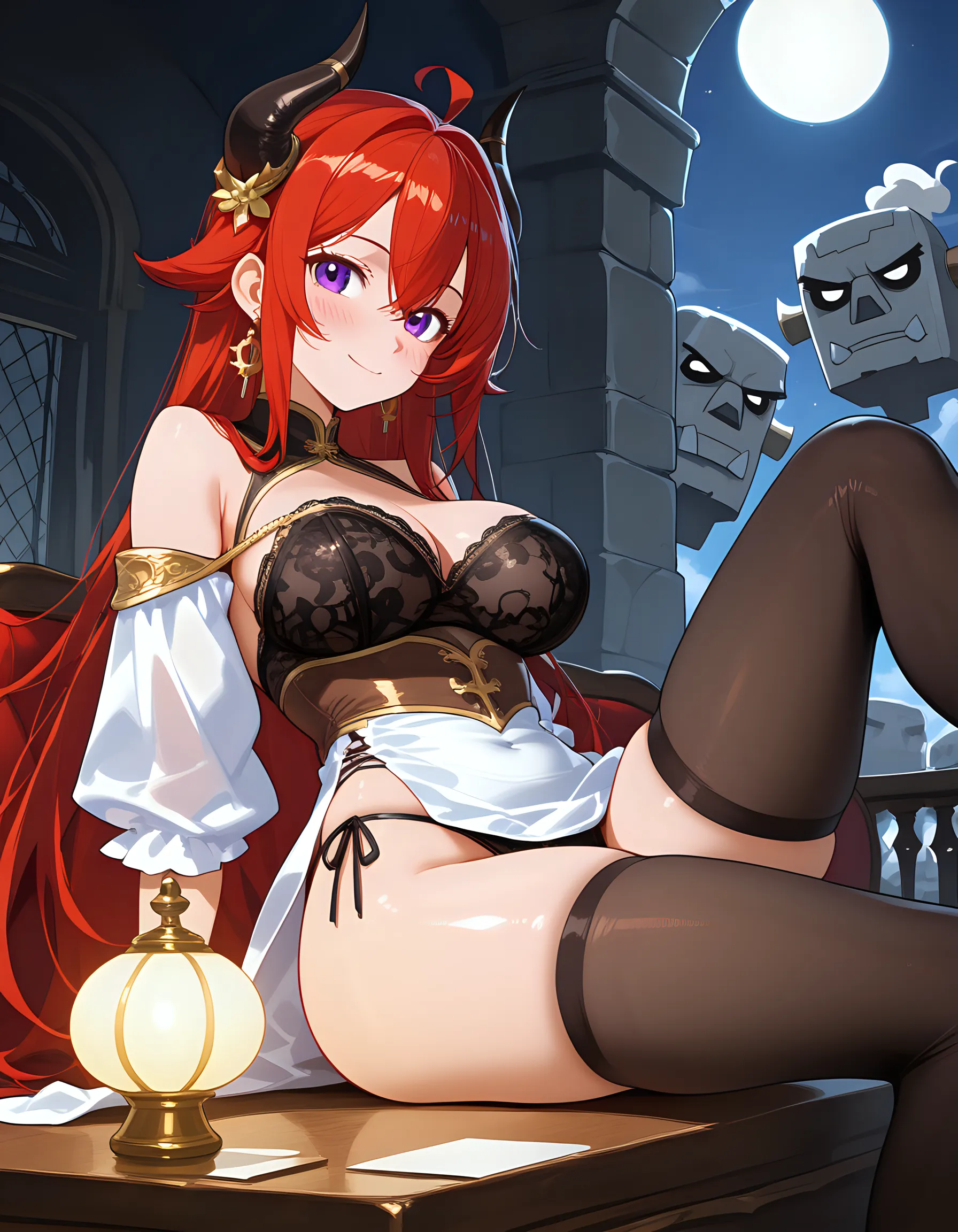 Very beautiful mature milf demon with red hair and red eyes,Horns,tail and richly dressed with a sword and large breasts