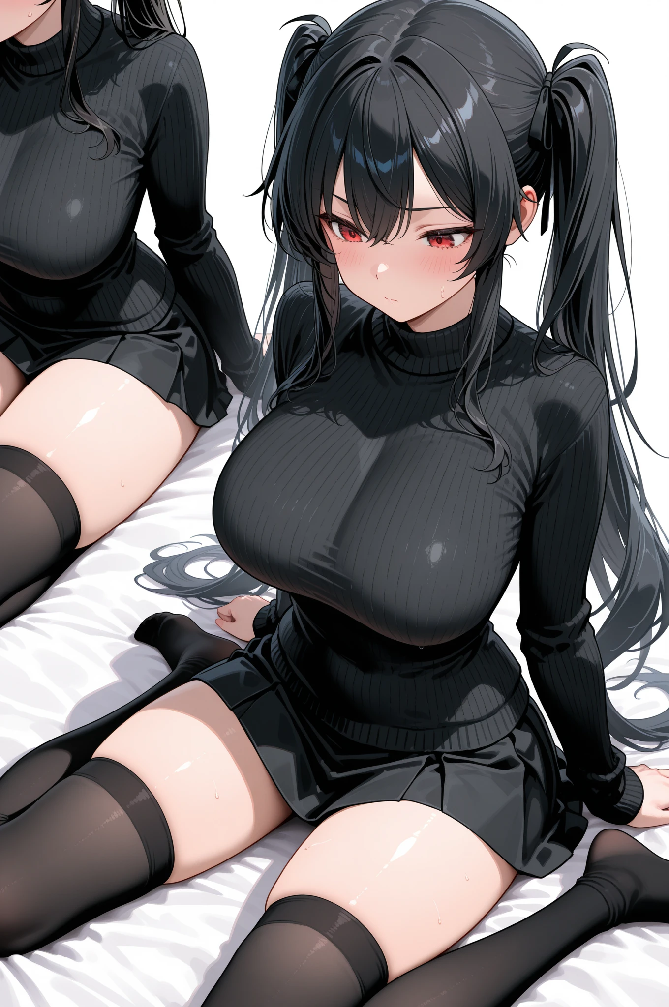 2 heads, a girl with 2 heads. Inside a living room, sitting on a couch. Wearing unzipped hoodie, topless, wearing shorts. Fishnet leggings. Straight black hair. Goth. Smiling. Enormous breasts. Thick thighs. Seductive pose, aroused. Horny. Slutty. Blushing. Spreading legs. Huge fat saggy breasts.