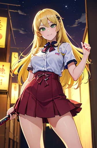 Aikatsu,blonde_hair,red_hair_band,(masterpiece:1.2, highest quality), Ultra-detailed illustrations, Perfect Anatomy, (Skirt flip:1.5), ((Grab the skirt:1.3)),((panties)), alone, 1 Female, big_chest, (Apply blush all over the face), Embarrassing, カウボーイshot, (toilet:1.2),(Toilet:1.3), dirty, (night:1.5),(Dark Background:1.1), , Very fine hand, panties_shot, ((Emphasize white_panties:1.5)), Roll up your skirt:1.6, Place your hands in front of your stomach,