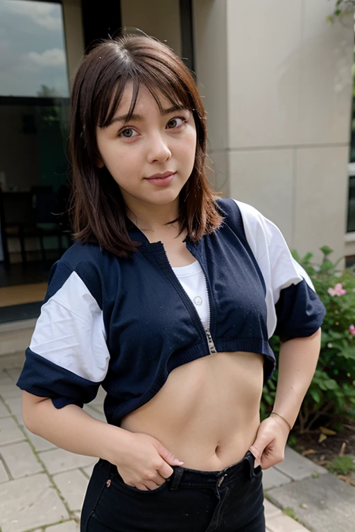 masterpiece, Highest quality, High resolution,8k， 1 silver hair clip, Tokiwadai School Uniform Photorealistic,Windmill side、blue sky、smile、low length、Immature body、Small breasts、Beautiful cherry-colored areola、Narrow waist、Small butt、Shaved、Upper body naked、Lifting up the clothes with hands to expose the chest、Full body shot