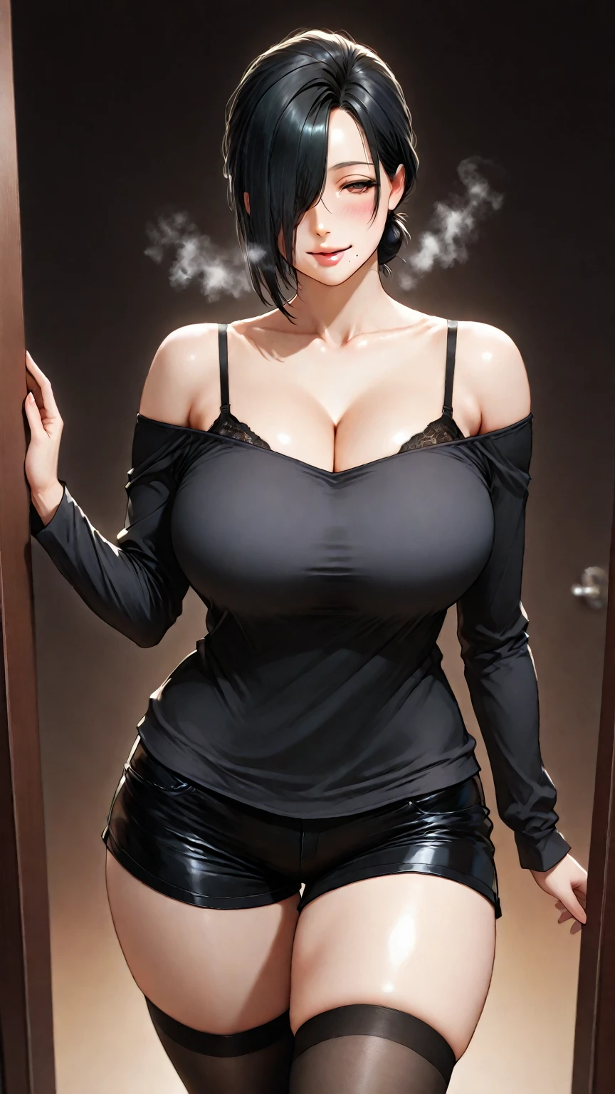 Best quality, tmasterpiece,vchan_mother,1gir,,black_hair,White shirt,see-through,((semenn high detail:1.5)),huge breasts,huge tits
