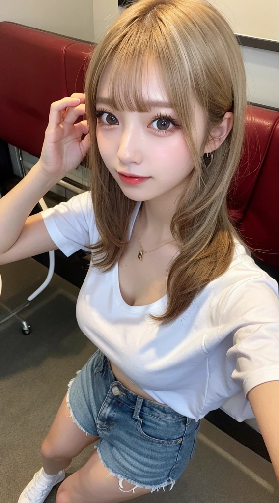 (highest quality、8k、32k、masterpiece、Hmph:1.2)、Cute Japanese Women Photos、Soft looking breasts、No bra、Ample breasts、((Shortcuts))、Face Focus、White T-shirt、necklace、One carnation、From above、Looking at the audience、smile、I'm showing my teeth and smiling,Dynamic Shadows、blonde、Wet shiny hair、Shine, Watery eye、((In a crowded train)),