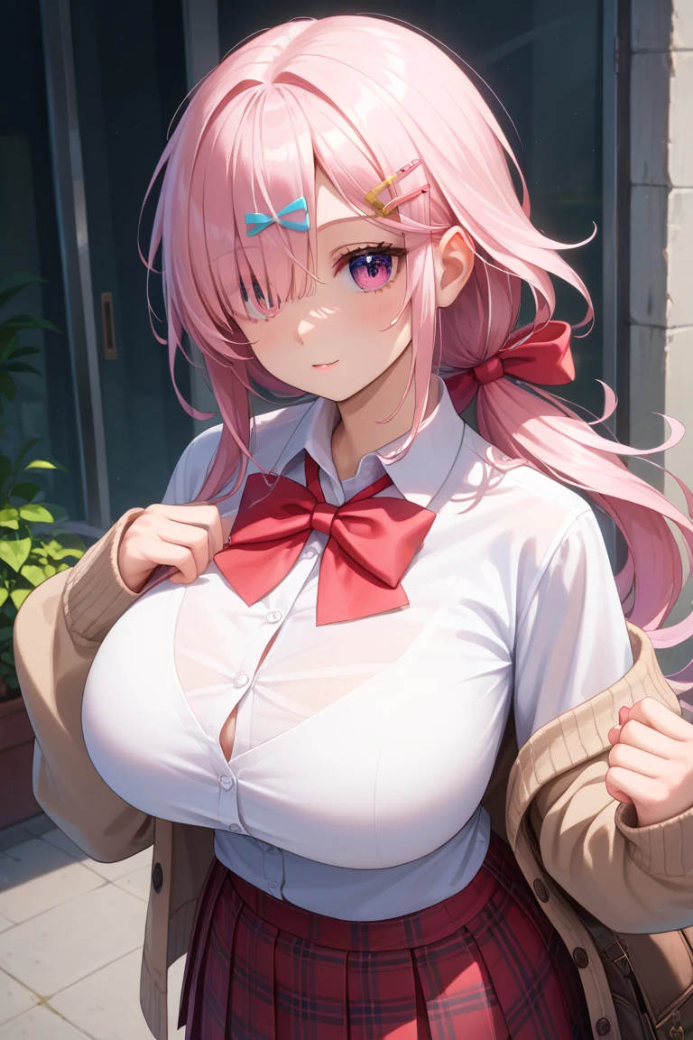 mastute piece,Best Quality,insanely detailed,8k cg,nsfw,
(shoot upper body:1.3),
(1girls:1.3),standing,looking at viewr,body in front,both arms behind back,(school costume,bare breasts:1.4,bare crotch:1.4),
break,
blush,shy,(trembling:1.2),(Pink Hair),Medium-long hair、
break,
perfect breasts,perfect teats,(open mouth:0.9),(large breasts:1.3),
(School corridor)、