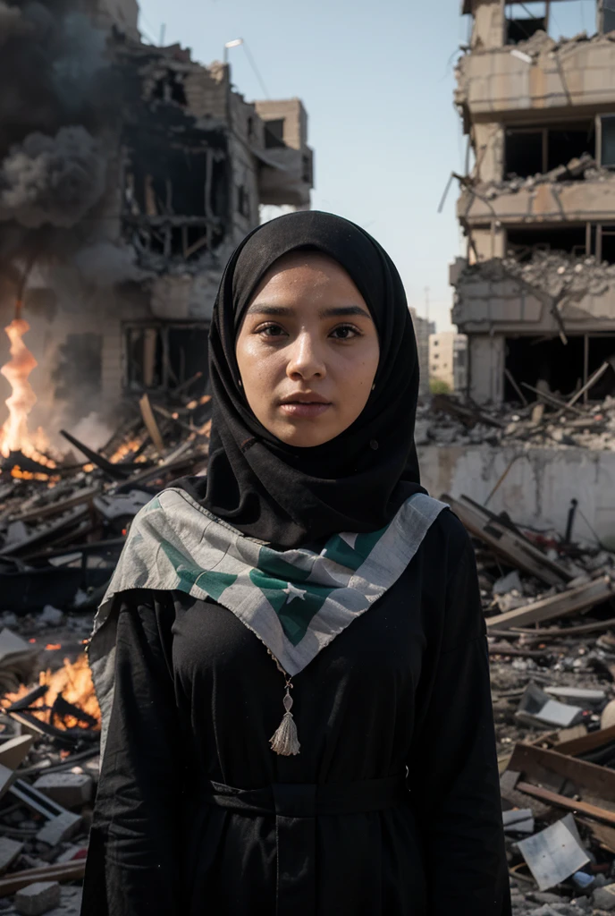 create a 3d illusion photo where Palestinian Muslim crying with their martyred  in their arm, in demolished city.