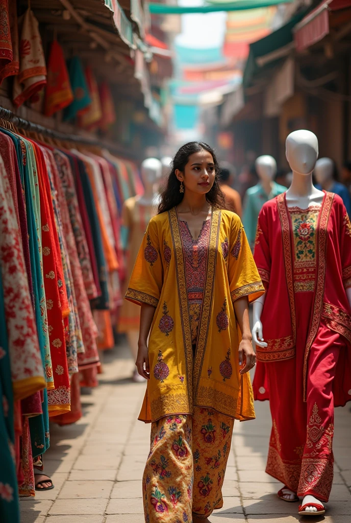 19-year-old beautiful Indian lady in a kurti, revealing her cleavage, with a delicate balance of modesty and allure, standing in a bustling Indian bazaar filled with vibrant stalls selling colorful fabrics and spices, the air thick with the aroma of incense and the lively chatter of people, the scene is dynamic and full of cultural richness, 3D Art, created with Blender to bring out the intricate details and vibrant atmosphere of the bazaar
