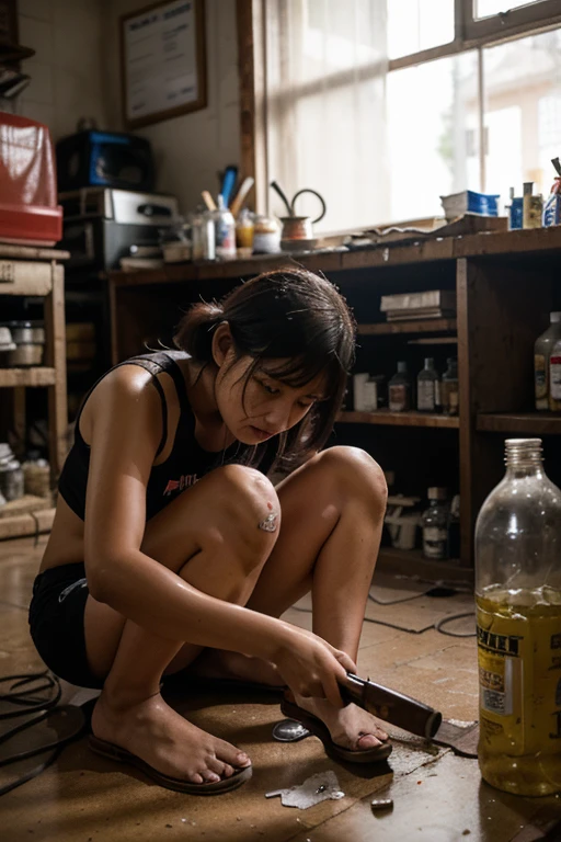 a young chinese women, wearing white tshirt, blue cargo pants, squat pose. (repairing a small silver cucumber-shaped machine in a dark workshop, measuring with ruler)