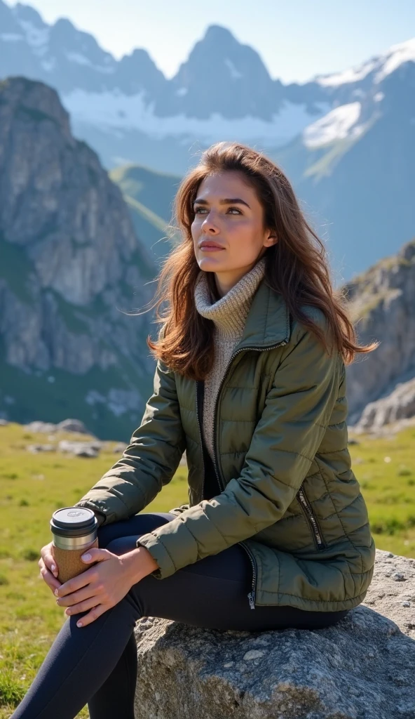 1 girl, photorealistic, realistic, her name is Elise, middle age, a 45-year-old woman with gray hair, body of 45-year-old woman, wrinkles on her face and body, Alpine woman, ((dark brown hair, short hair))), smiling,(((dynamic pose))), , (((The quiet mountains are shrouded in a sea of mist.,Stunning sunrise casting warm hues,Beautiful flowers bloomed in front of us.,The atmosphere is dreamy and peaceful.,Beautiful landscape of Thailand,Harmony between nature and humanity))), (((she choose a cropped corduroy jacket is tailored with a slightly boxy silhouette, featuring a plush texture and a rich color like brown. Its cropped length accentuates the waistline and adds structure to the ensemble. There is no top beneath the jacket, she paired it with color black high-waisted cycling shorts in a sleek, stretchy fabric that conforms to her figure))), (((but out)))