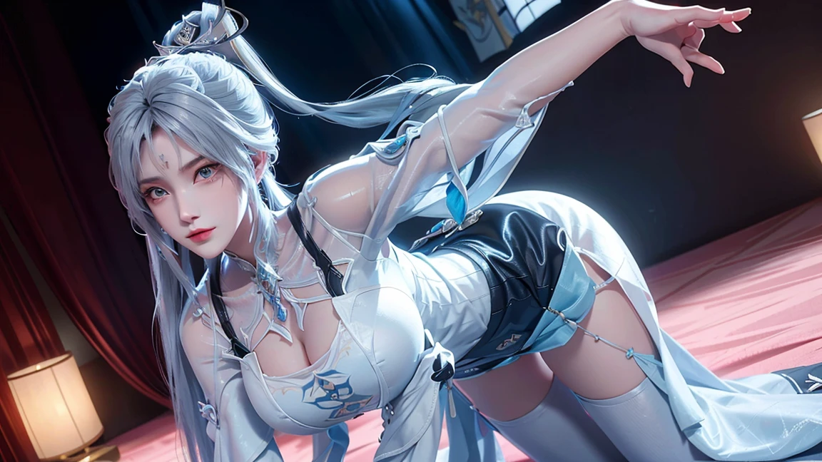 1girl absurdres animal_ears aqua_eyes areola_slip bare_shoulders black_gloves black_panties blue_archive blush breasts chinese_commentary cleavage extra_ears gloves grey_hair gun hair_ornament halo hand_up highres holster holstered large_breasts leaf98k legs long_hair looking_at_viewer mismatched_pupils outdoors panties parted_lips pearl_thong revision shiroko_(blue_archive) shiroko_(terror)_(blue_archive) sideboob signature sitting smile solo thigh_holster thigh_strap thighs underwear weapon wolf_ears